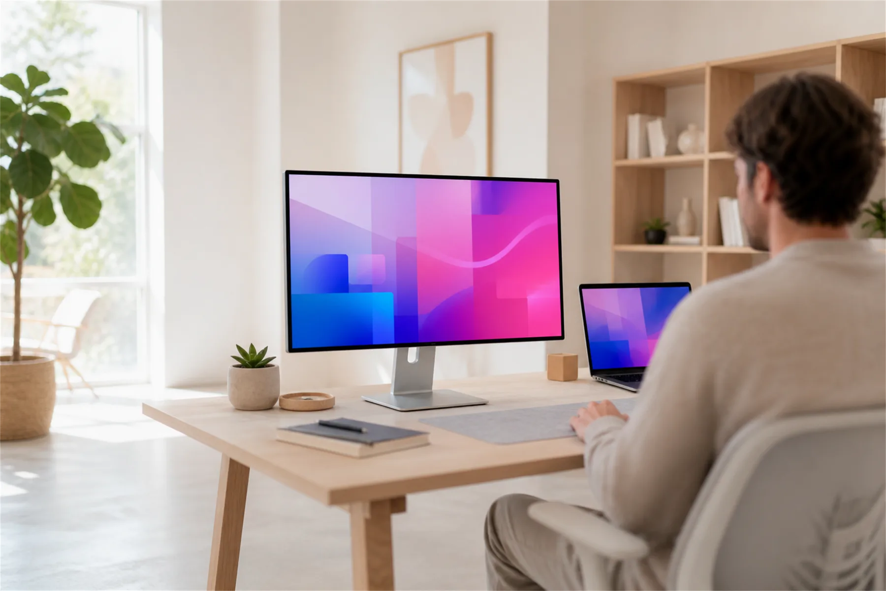 A designer at a bright studio desk, shaping a brand's colors and layout on screen