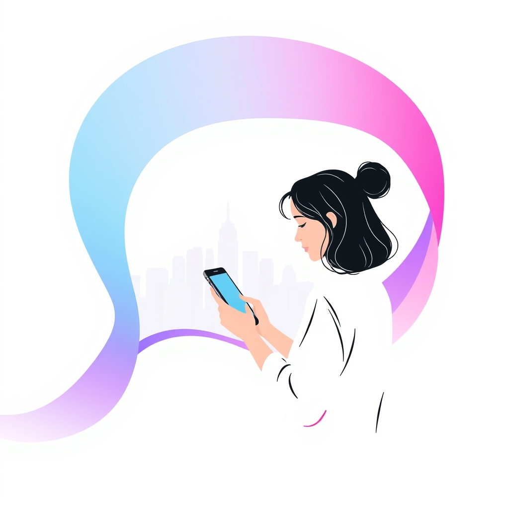 An abstract illustration of a person searching for answers on their mobile device, with a cityscape in the background