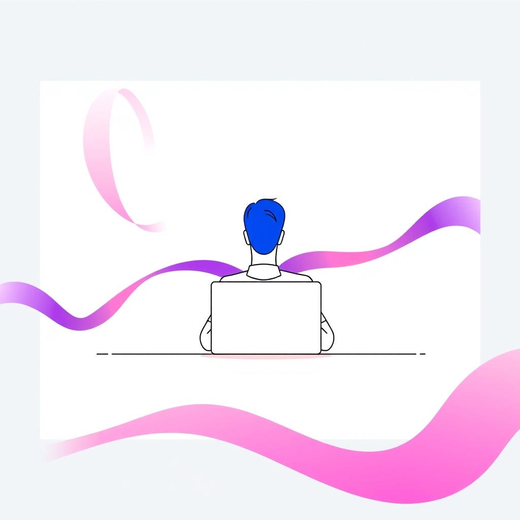 A gradient illustration of a business owner checking their online presence on a laptop