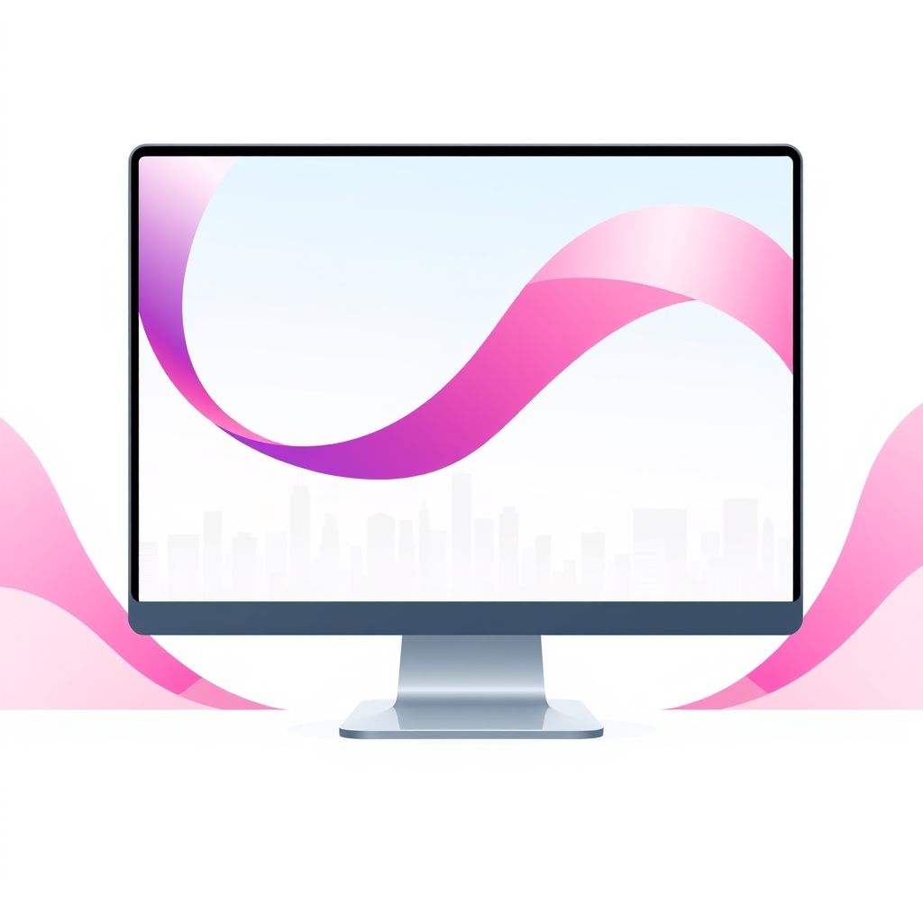 An abstract illustration of a website on a desktop computer, with a cityscape in the background, representing the idea of a website as a virtual presence
