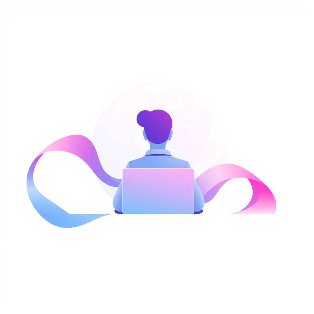 A gradient illustration of a person choosing a care plan for their website, with a laptop and a globe in the background.