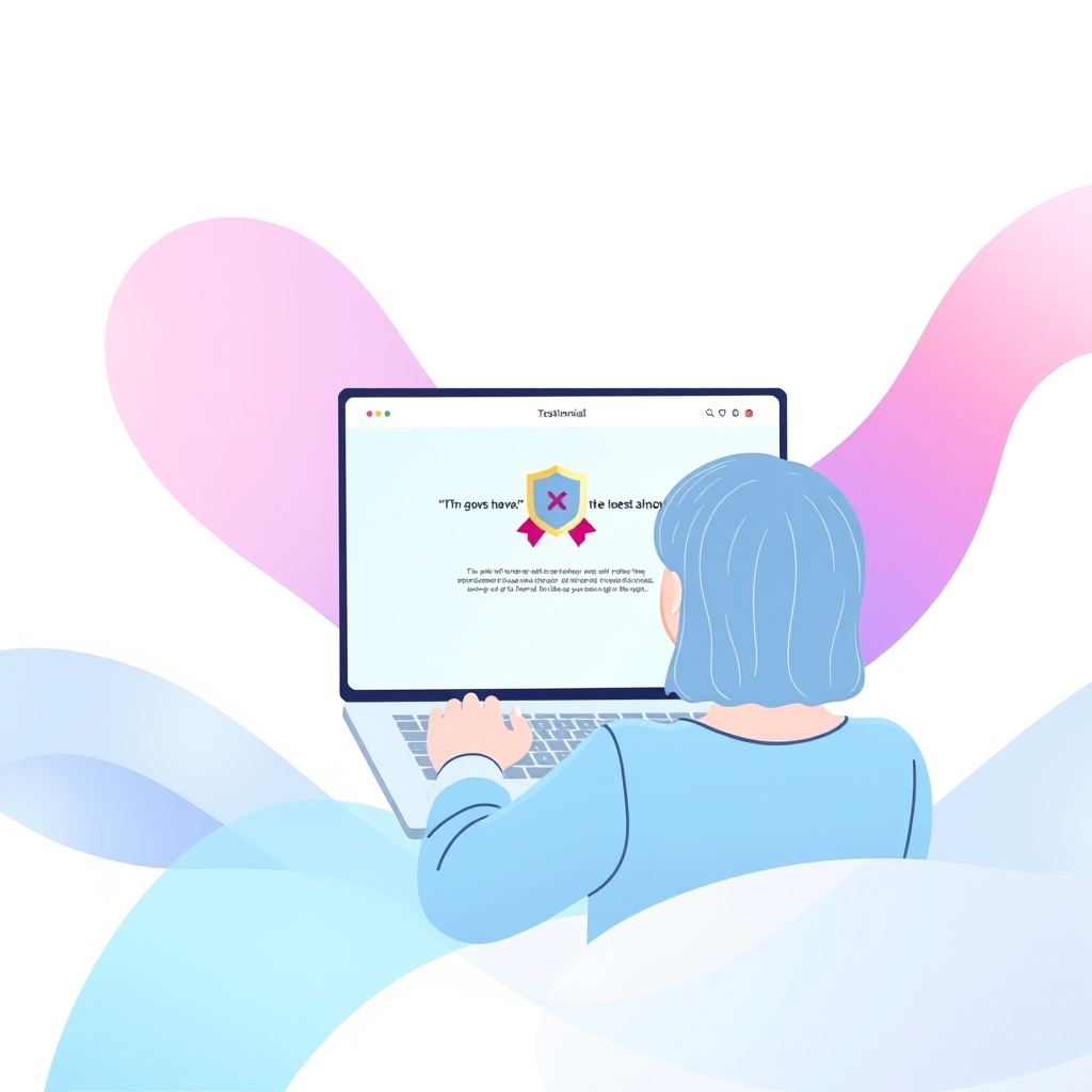 A gradient illustration of a person looking at a website on their laptop, with a testimonial quote and a trust badge displayed prominently on the screen.