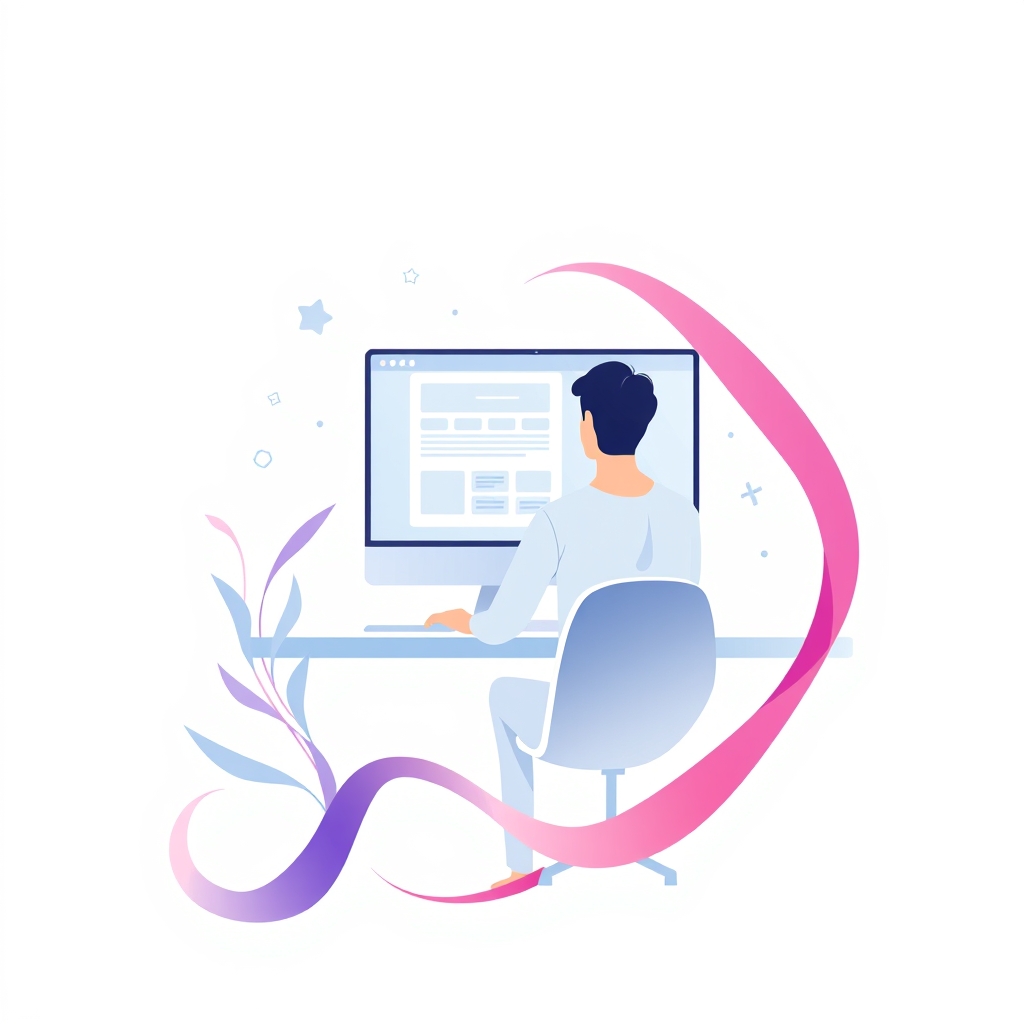 An abstract illustration of a person sitting in front of a computer, with a website design on the screen, surrounded by coding symbols and design elements.