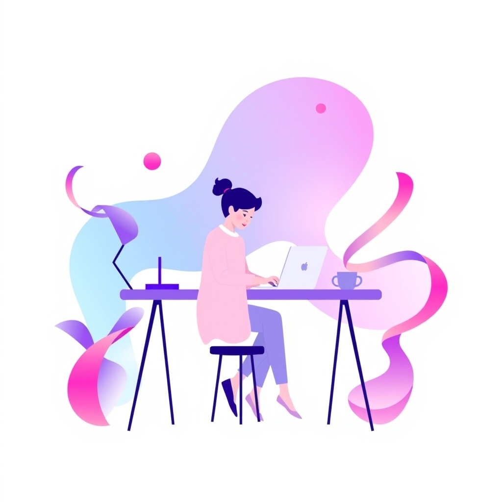 A gradient illustration of a person sitting at a desk with a laptop and a notepad, surrounded by website design elements.