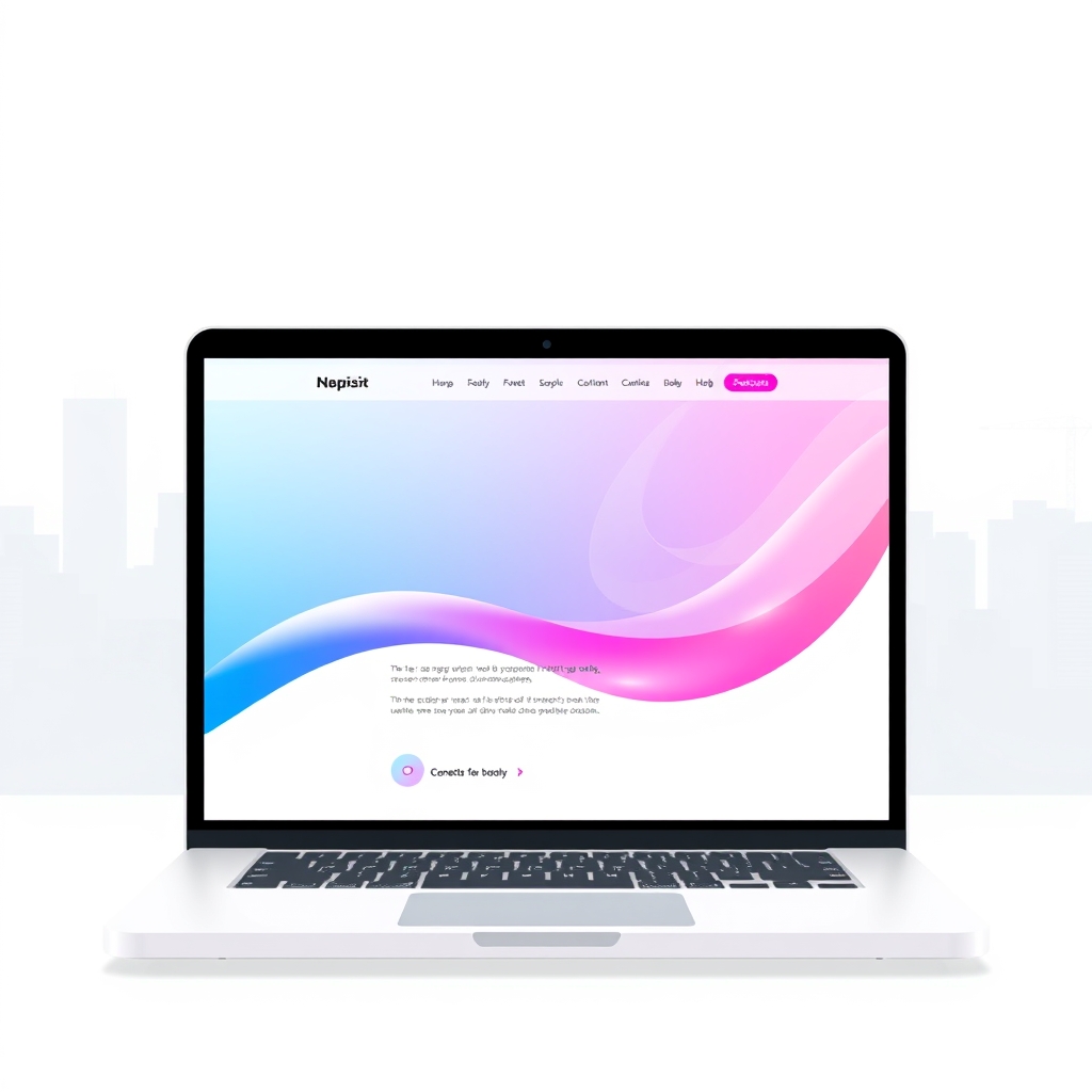 A gradient illustration of a website on a laptop screen, with a cityscape in the background.