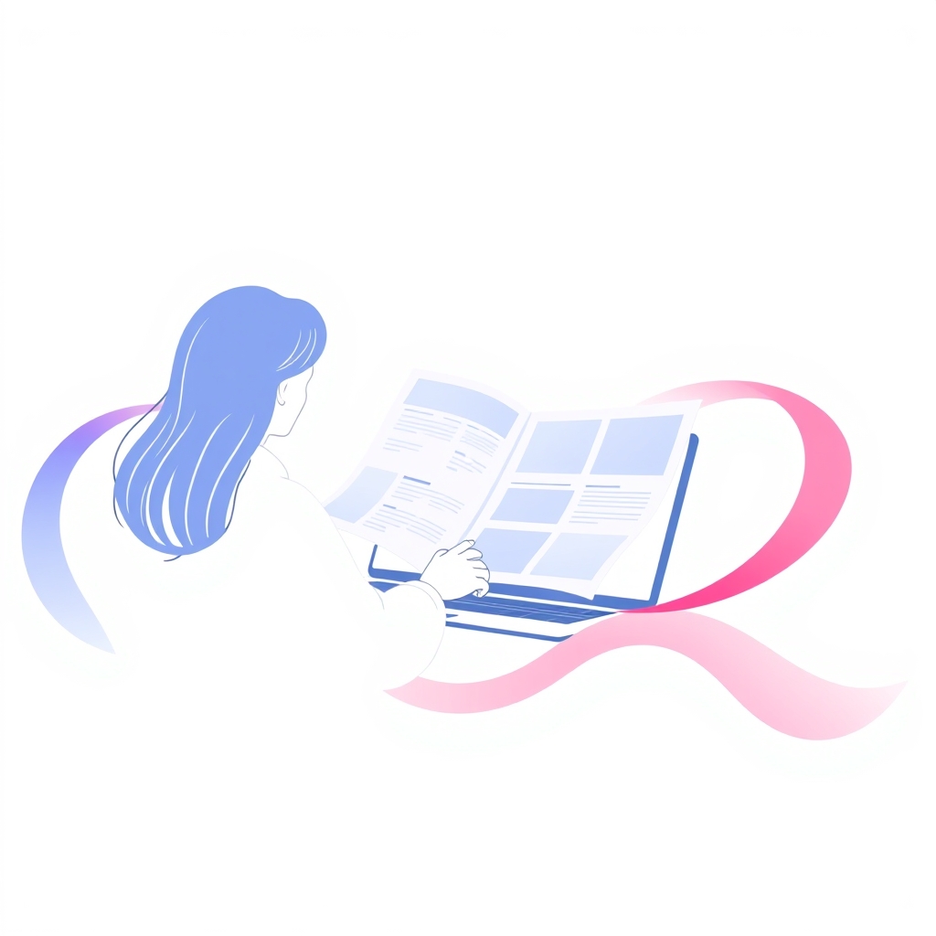 A gradient illustration of a person comparing website plans on a laptop