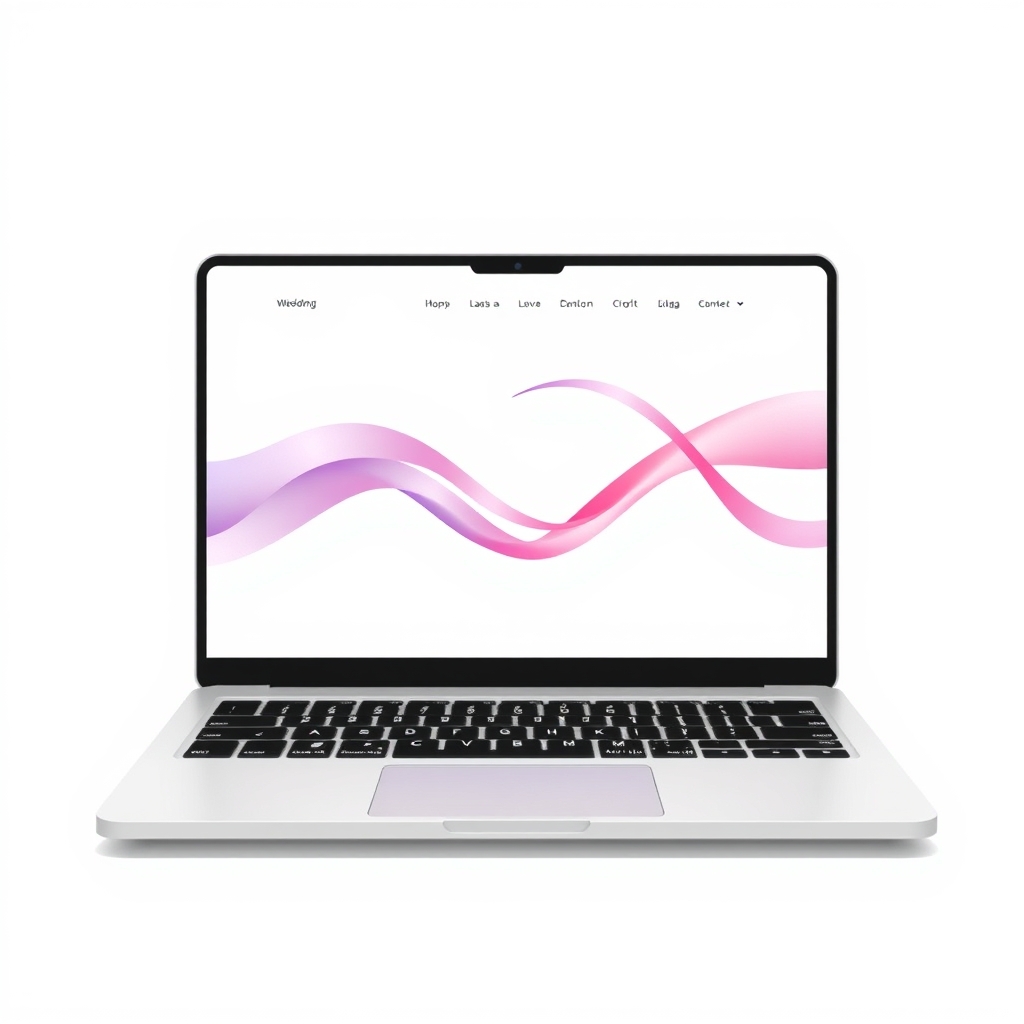A gradient illustration of a wedding website on a laptop screen