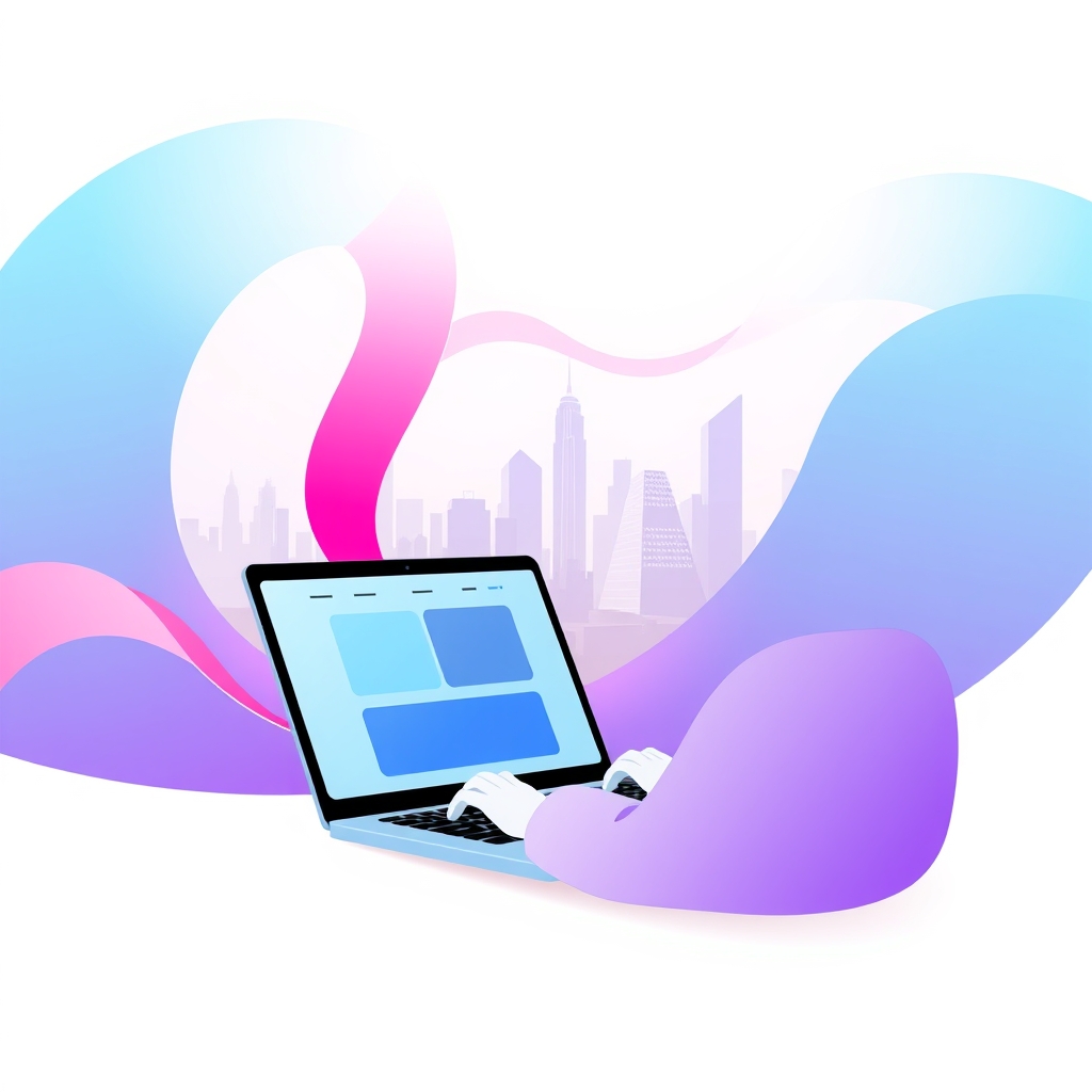 A gradient illustration of a person looking at a website on a laptop, with a cityscape in the background.
