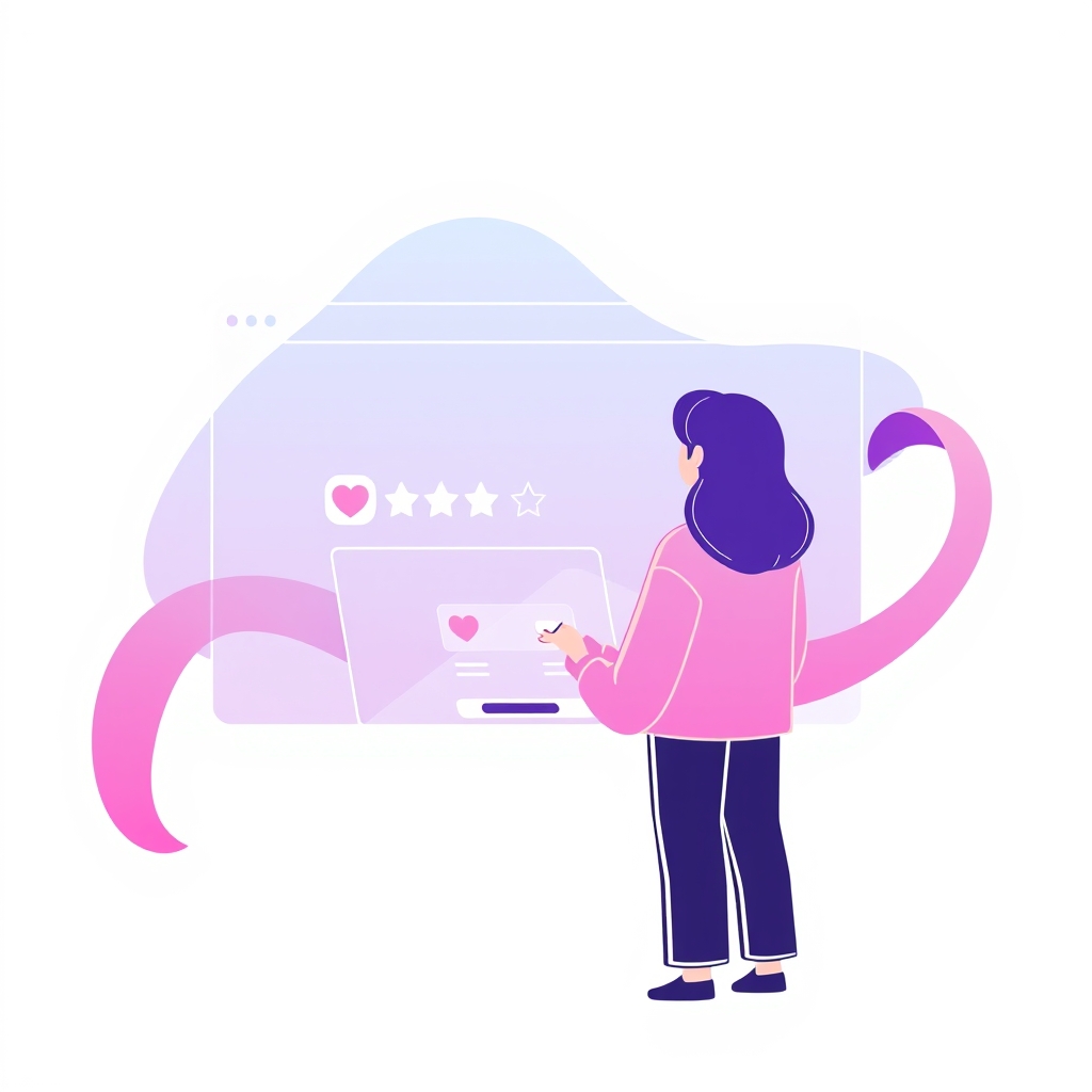 A gradient illustration of a person leaving a review on a website, with a simple and clear review request process in the background.