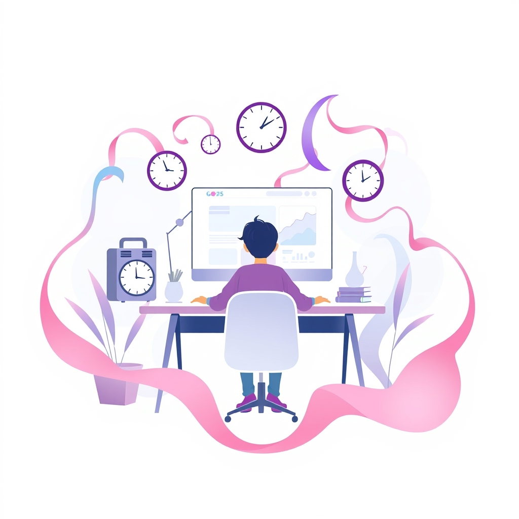 A abstract illustration of a person sitting at a desk, surrounded by clocks and calendars, with a website on their computer screen