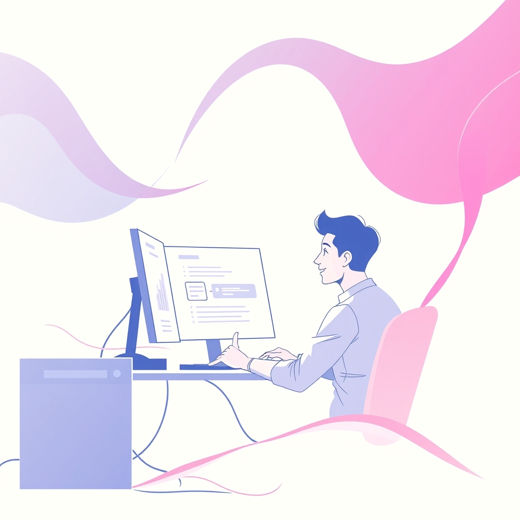 A gradient illustration of a person sitting in front of a computer, looking at a website with a calm and satisfied expression, surrounded by subtle hints of code and hosting infrastructure.