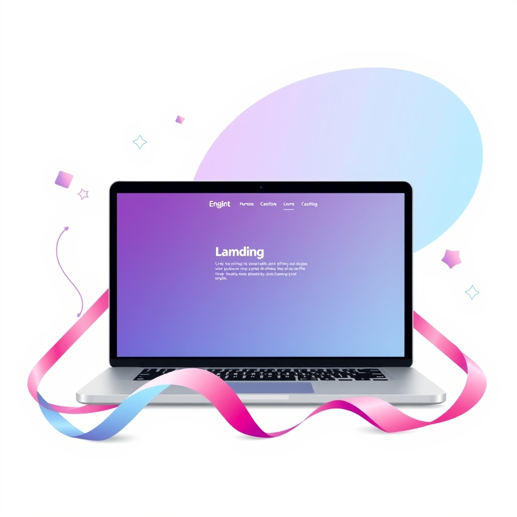 A gradient illustration of a laptop with a landing page on the screen, surrounded by marketing and design elements.