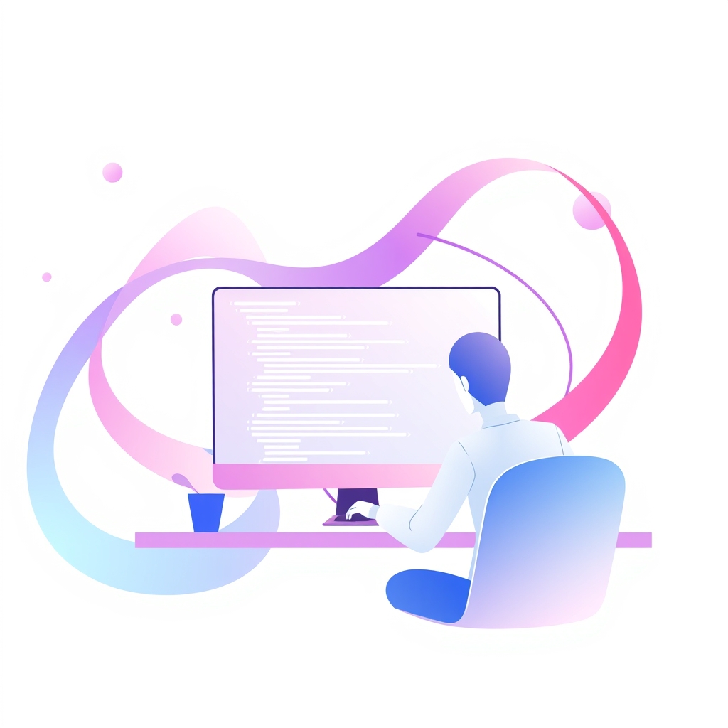 A gradient illustration of a person working on a website, with a subtle background of code and design elements.