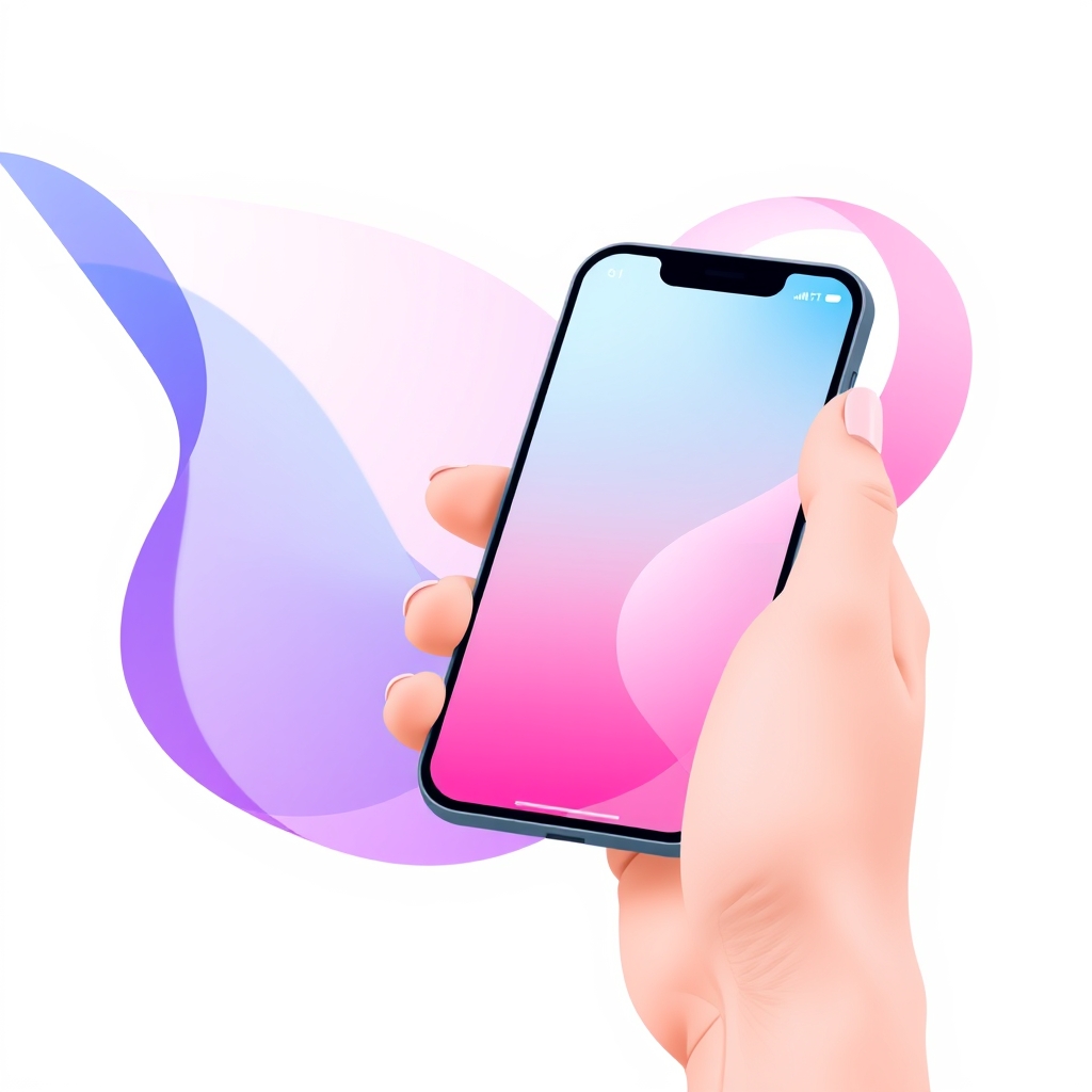 A gradient illustration of a person holding a mobile phone with a website displayed on the screen