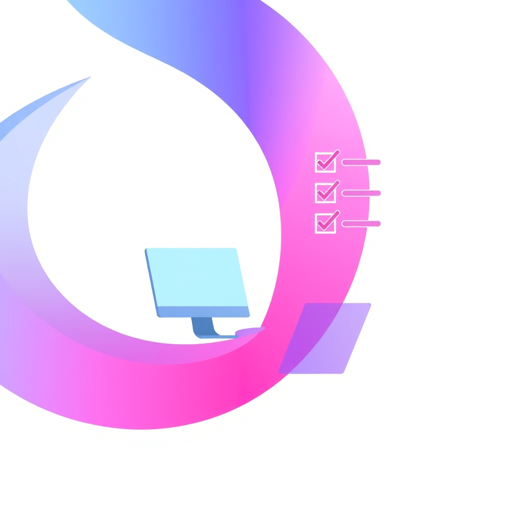 A gradient illustration of a person working on a website, with a checklist in the background