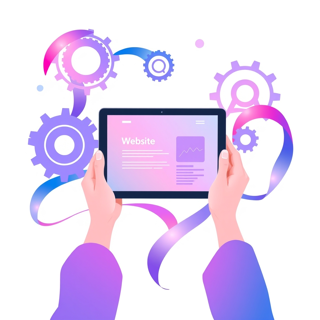 A gradient illustration of a person holding a tablet with a website on the screen, surrounded by gears and cogs, representing the balance between owning and having a website handled