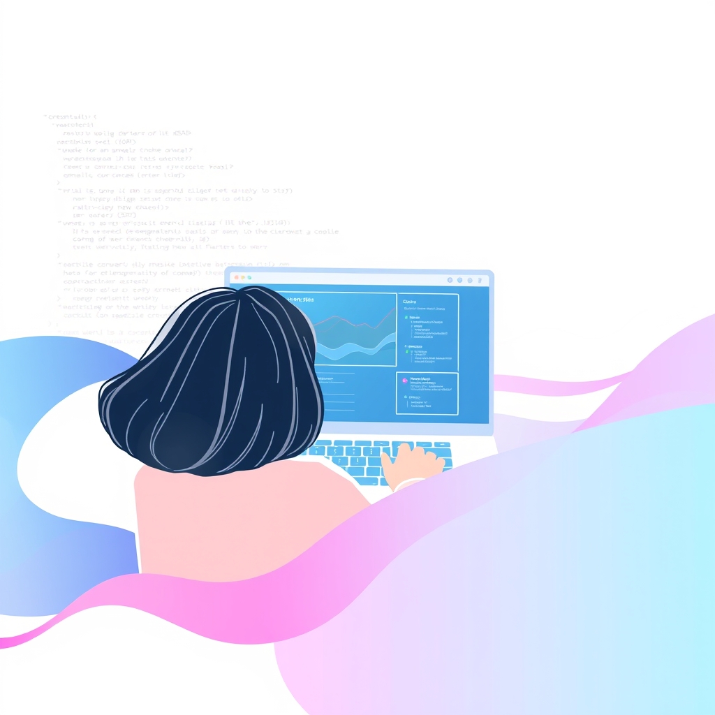 An abstract illustration of a person looking at a website on their laptop, with a subtle background pattern of code and analytics charts