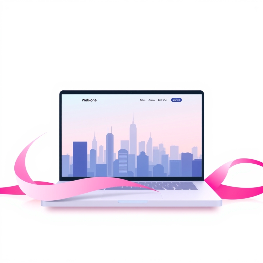 A gradient illustration of a cityscape with a real estate agent's website on a laptop screen