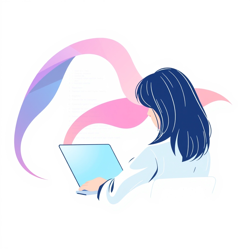 An abstract illustration of a person looking at a website on a laptop, with a subtle background of code and design elements.