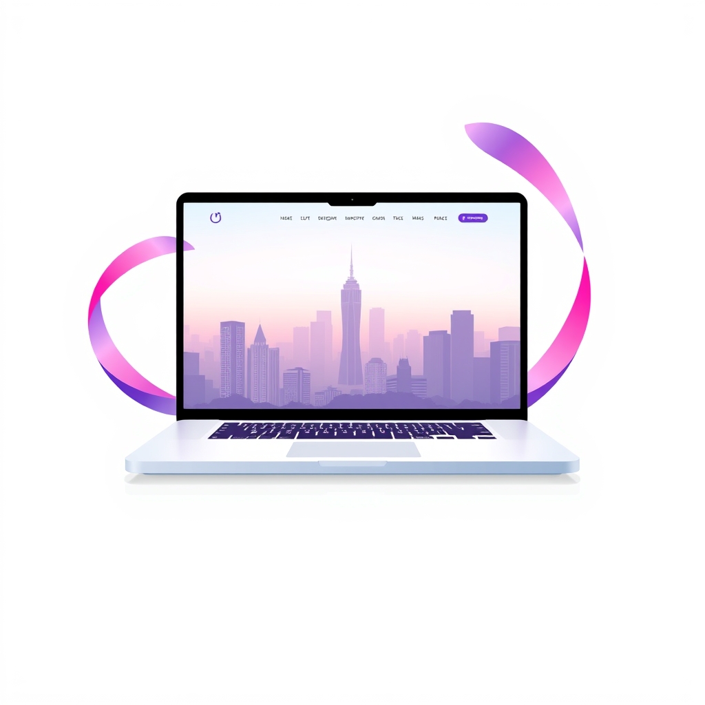 A gradient illustration of a website on a laptop screen, with a cityscape in the background