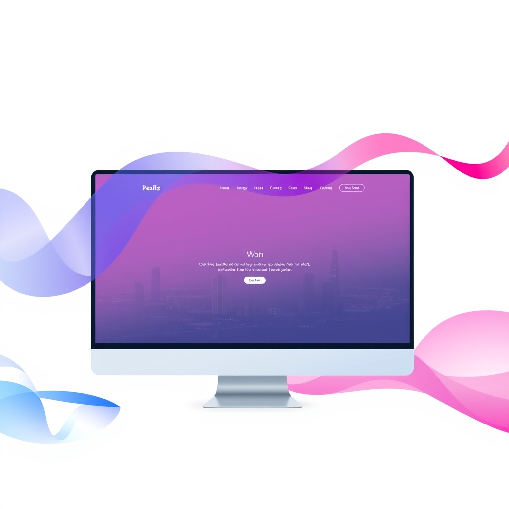 A gradient illustration of a single-page website on a desktop screen, with a cityscape in the background