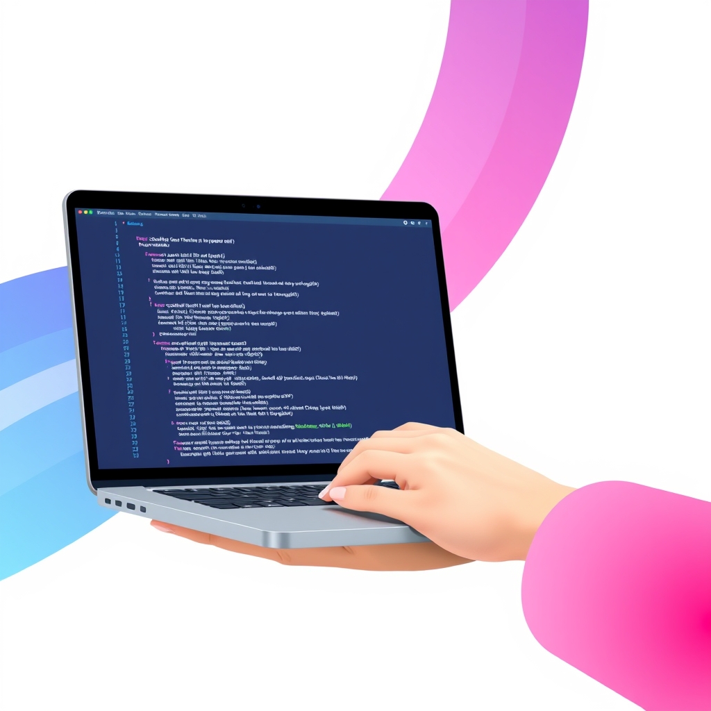 An abstract illustration of a person holding a laptop with a website code on the screen, symbolizing control and freedom