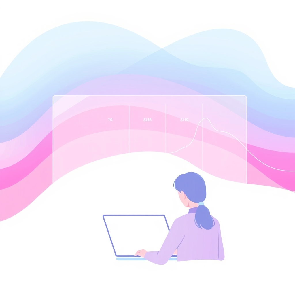 A gradient illustration of a person looking at a website on their laptop, with a transparent pricing chart in the background