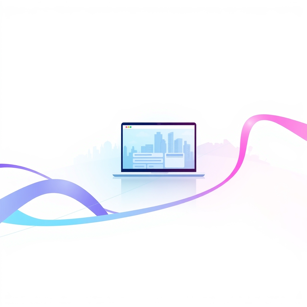 An abstract illustration of a website on a global network, with a cityscape in the background and a glowing blue line connecting the site to the world.