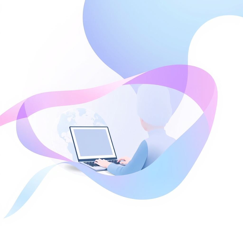 An abstract illustration of a person working on a website, with a globe and a laptop in the background