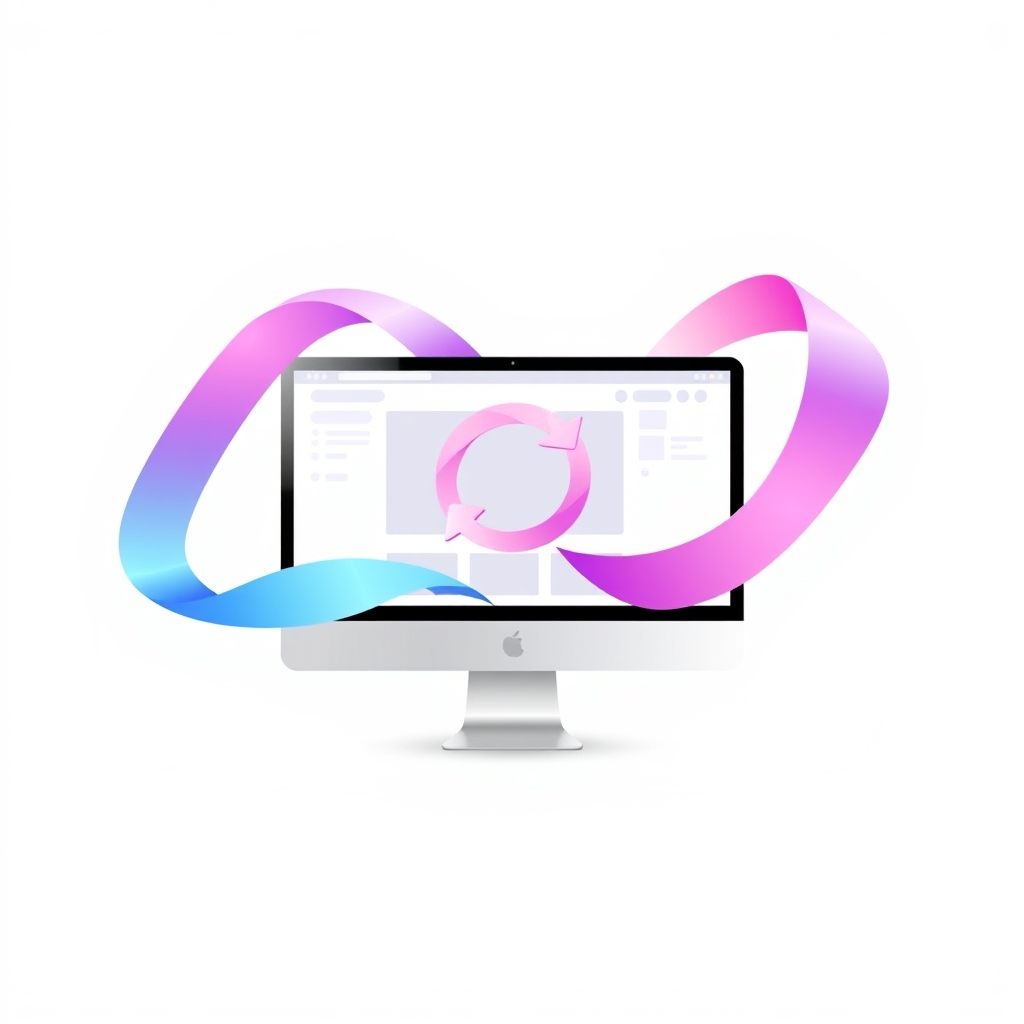 A stylized illustration of a website on a desktop computer, with a refresh and rebuild symbol overlaid on top