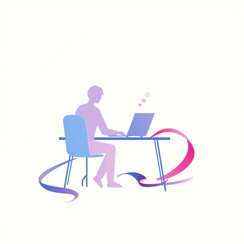 A gradient illustration of a person sitting at a desk with a laptop and a thought bubble, representing the decision between building and hosting a website oneself or hiring a professional.