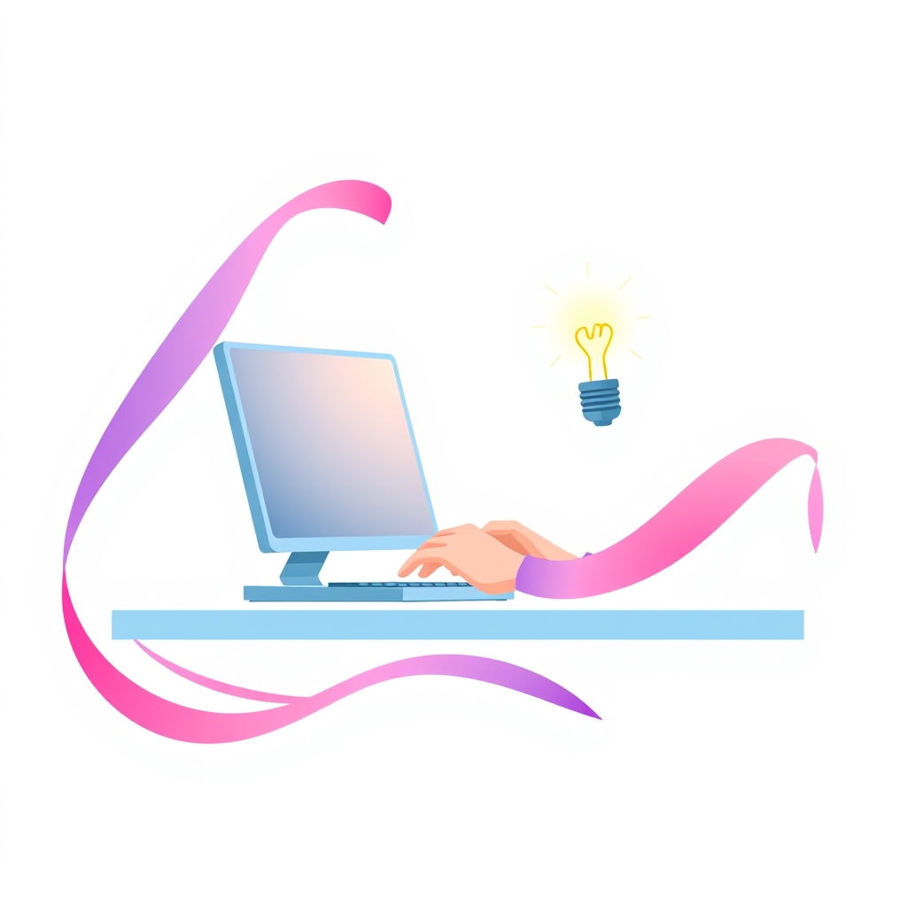 A stylized illustration of a person typing on a computer, with a lightbulb turning on above their head, representing the idea of clear and concise writing