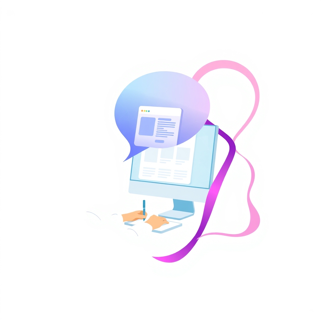 An abstract illustration of a person writing on a computer, with a thought bubble containing a webpage preview.