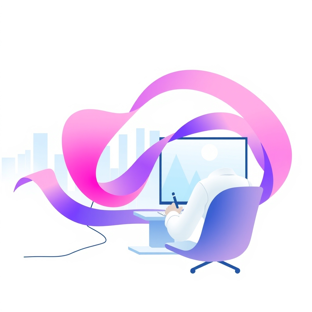 A gradient illustration of a person writing on a computer, with a cityscape in the background, representing the idea of creating effective website copy.