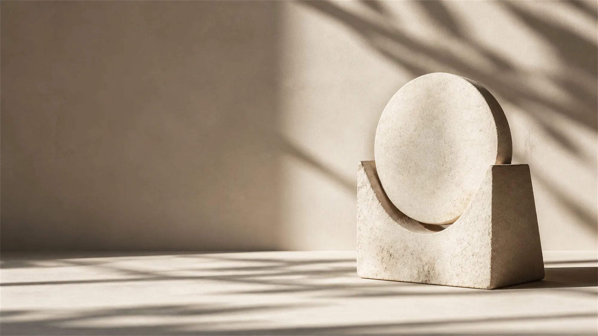 A pale sculpted plaster form on a travertine plinth, lit by a slant of afternoon window light