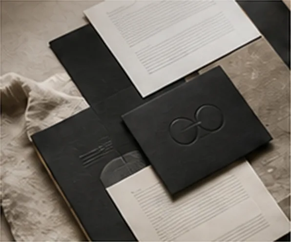 Møller & Co. stationery, black embossed cards on linen