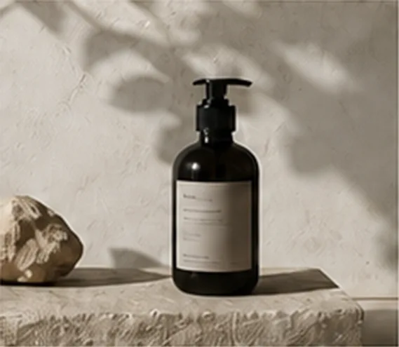 Sæby Apothecary, dark glass pump bottle with a paper label on stone