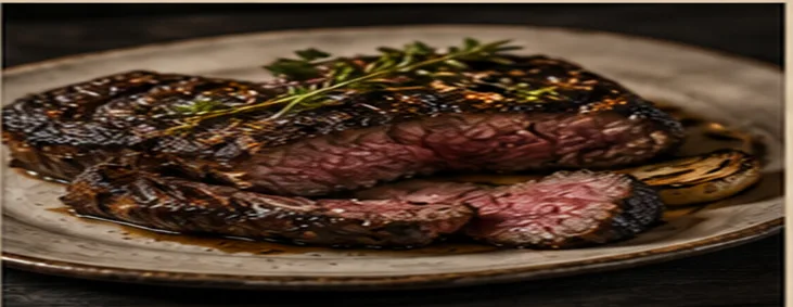 Sliced oak-grilled steak, rosy in the center, with a charred lemon on a stoneware plate
