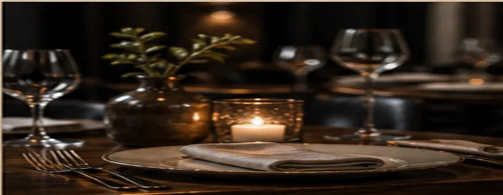 A candle-lit table set with linen, silver and polished glassware