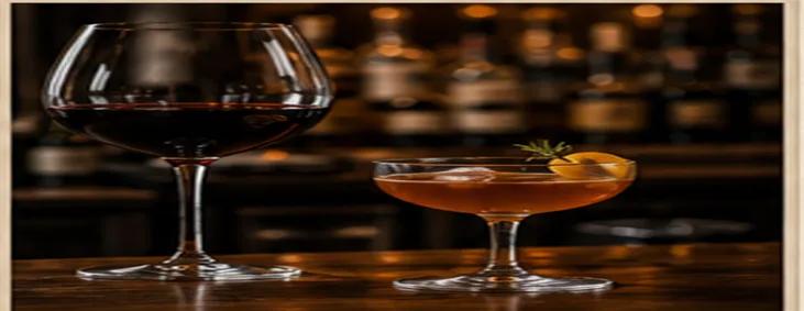 A glass of red wine beside an amber cocktail on the bar, bottles glowing behind