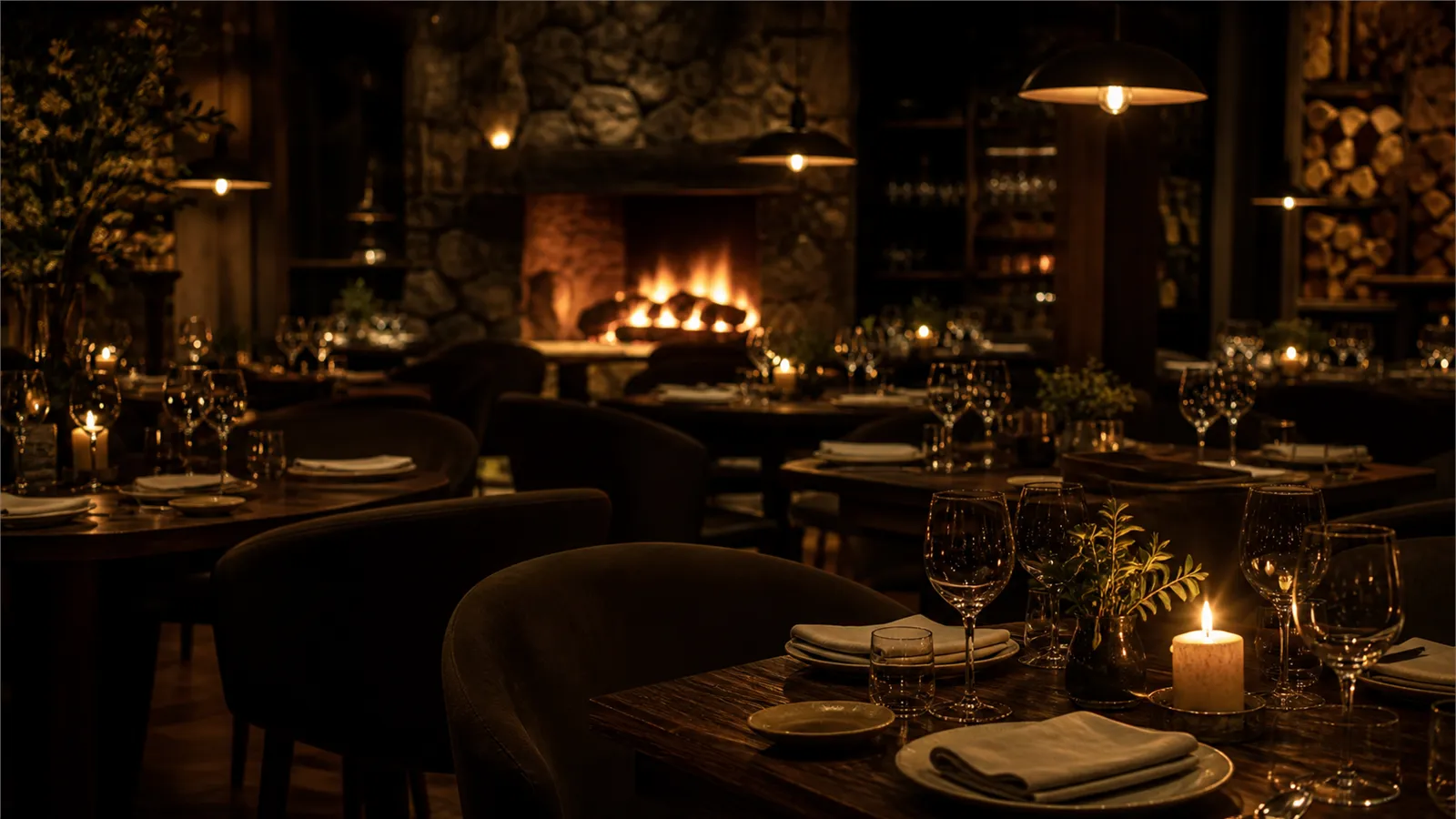 The warm dining room of Ember & Oak glowing by the open fireplace