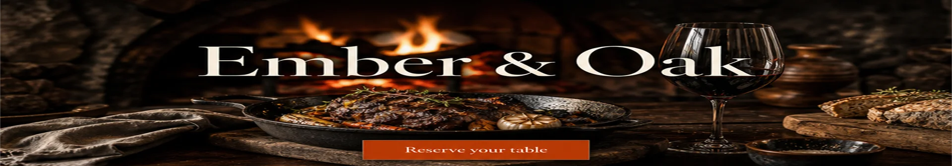 The warm dining room of Ember & Oak, glowing by the open fireplace