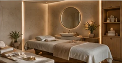 Bloom's treatment room: a linen-dressed bed under a round backlit mirror
