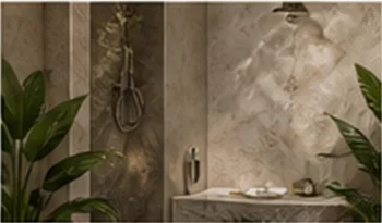 Rain shower in stone, framed by broad tropical leaves