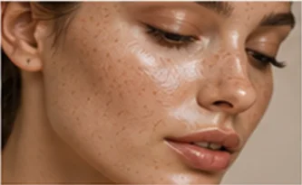 Close-up of glowing, freckled skin after a facial