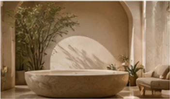 The soaking room: a stone tub beneath a soft arch and a small olive tree