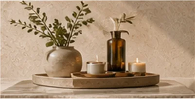 A ritual tray with candles, an amber bottle and a vase of fresh greenery