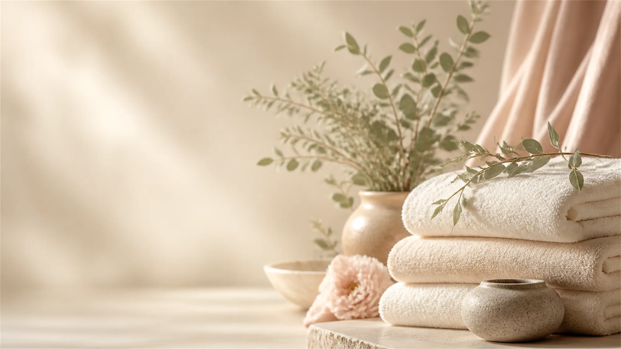 A sunlit treatment room at Bloom: rolled cream towels and a sprig of greenery on a linen bed, a stone basin and warm candles behind