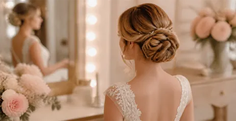 A bride's low chignon finished with a delicate pearl vine, candles glowing behind