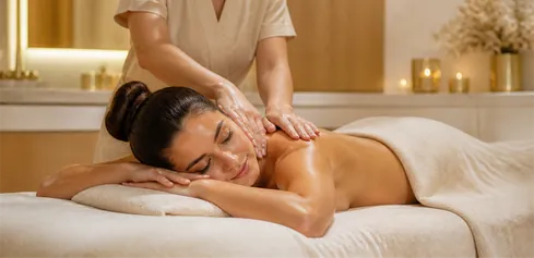 A client lies face-down as a therapist works on her shoulders
